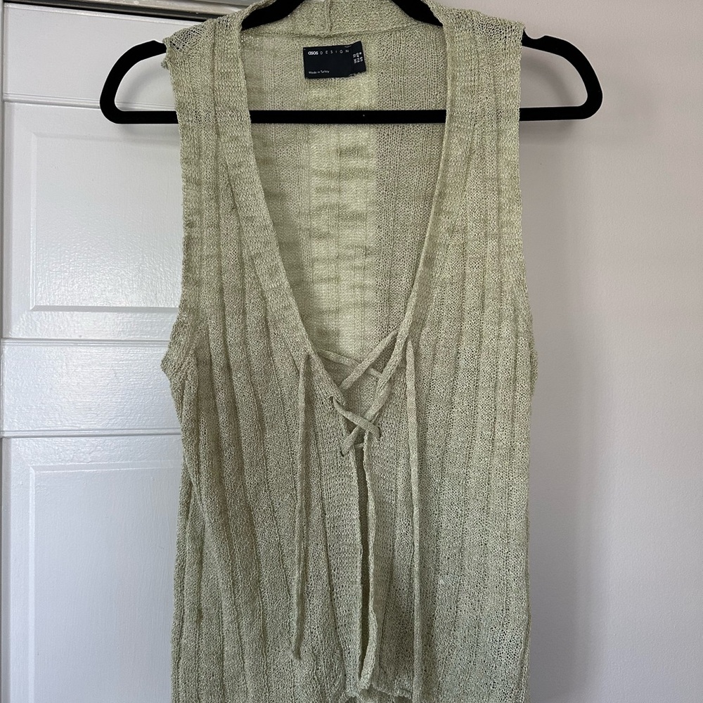 ASOS Green Ribbed Tie Front Tank Top